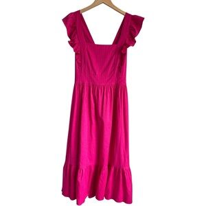 LOFT | NWOT Hot Pink Tiered Ruffle Sleeve Midi Dress | Square Neck Open Back | 2